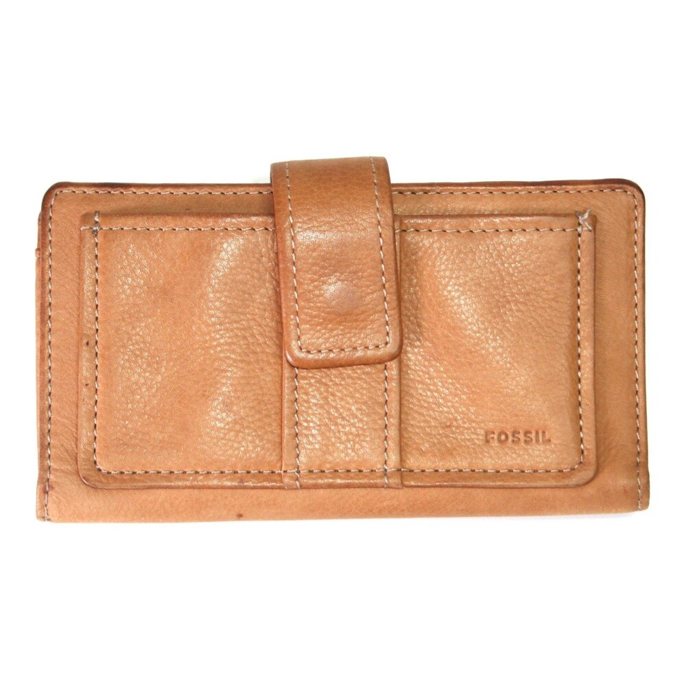 Fossil Brown Leather Wallet Bifold ID Holder Snap Closure Checkbook Size